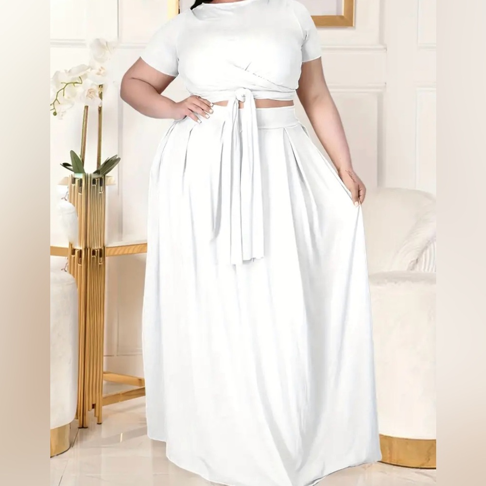 Plus Size Women's Plus Plain Short Sleeve Crop Top Side Knot & Maxi Skirt - Picture 9 of 13